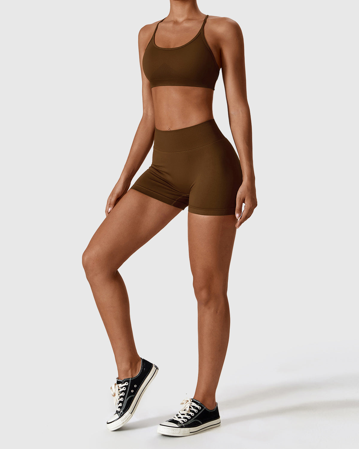 Brown Fitness High Waist Shorts & Cross Back Strappy Bra Set 