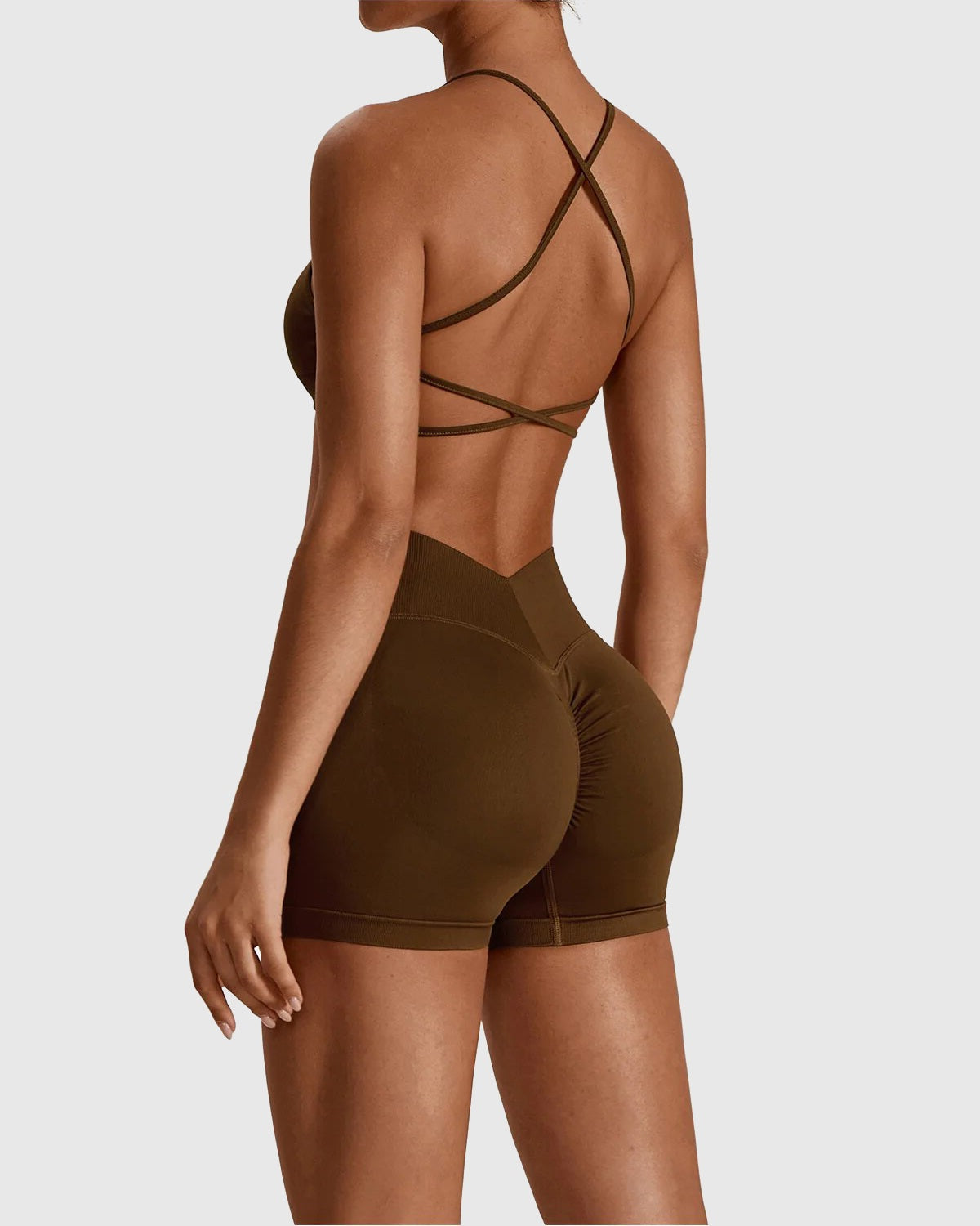 Brown Fitness Cross Back Strappy Bra Set 